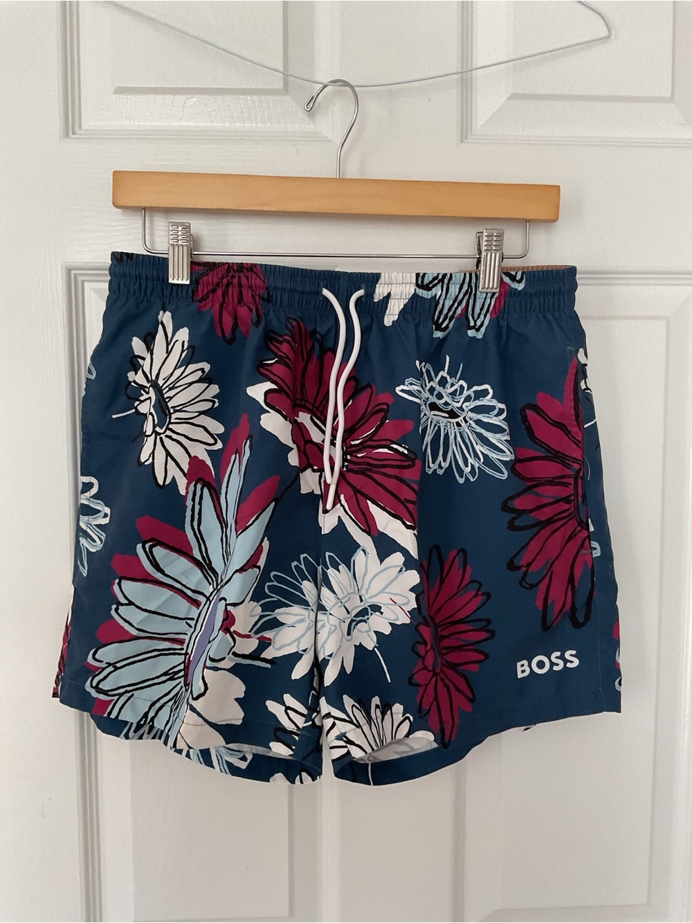 BOSS Navy Floral Swim Shorts with Maroon & Light Blue Accents